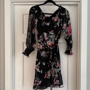 Aqua Black Floral Long Sleeve Dress